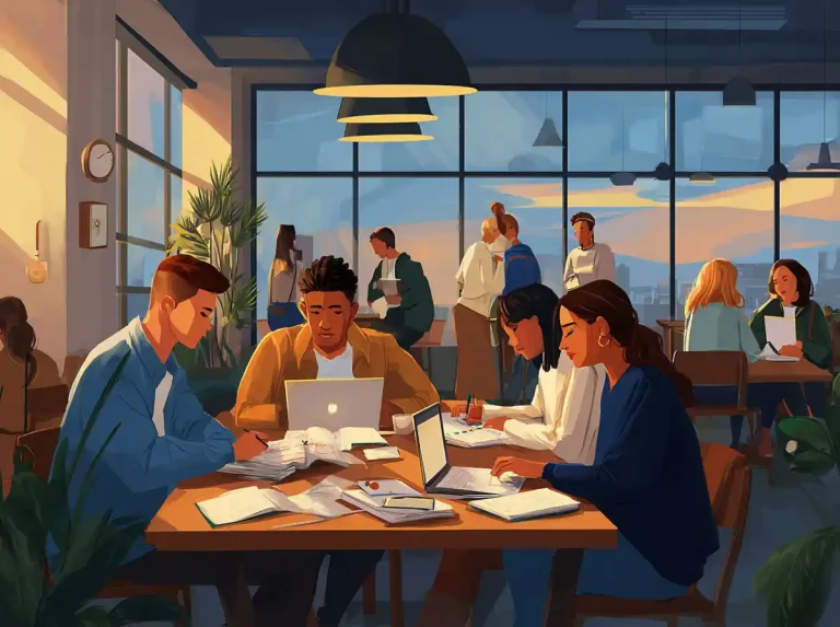 A group of people study at a wooden table while learning languages near a window at sunset.