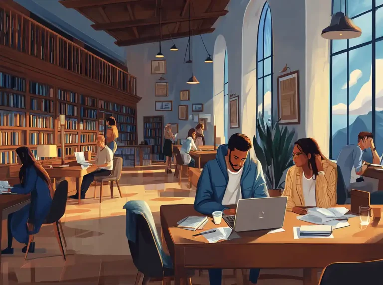 A group of students sit at a library table with laptops for the purpose of learning languages.