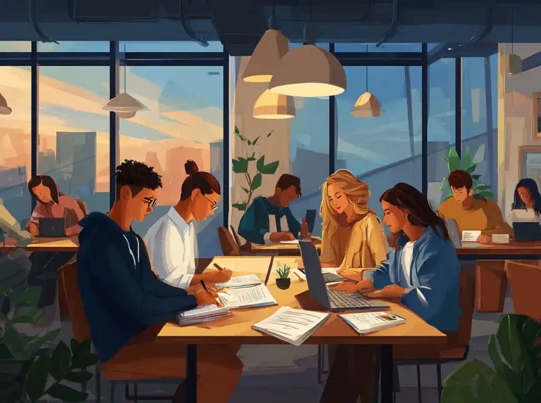 Several students work at a table in a bright library for the purpose of learning languages.