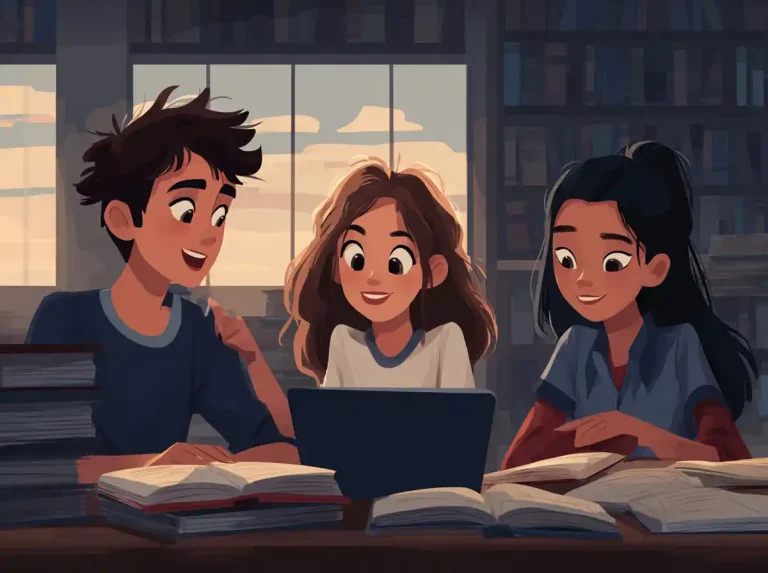 Three students gather around a laptop screen while learning languages together in a library.