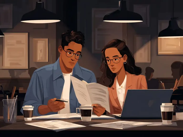 A man and woman look at a printed handout while learning languages at a table under dim cafe lights.