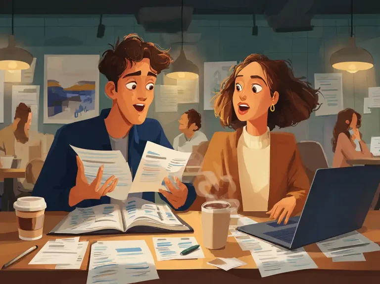 Printed handouts are checked by two surprised students while learning languages in a library.