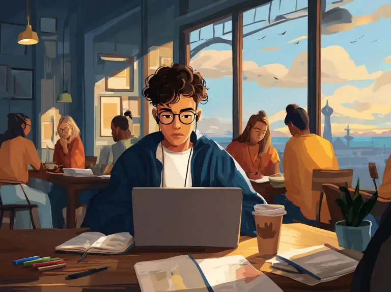 A student wearing blue headphones takes notes in a workbook while learning languages in a library.