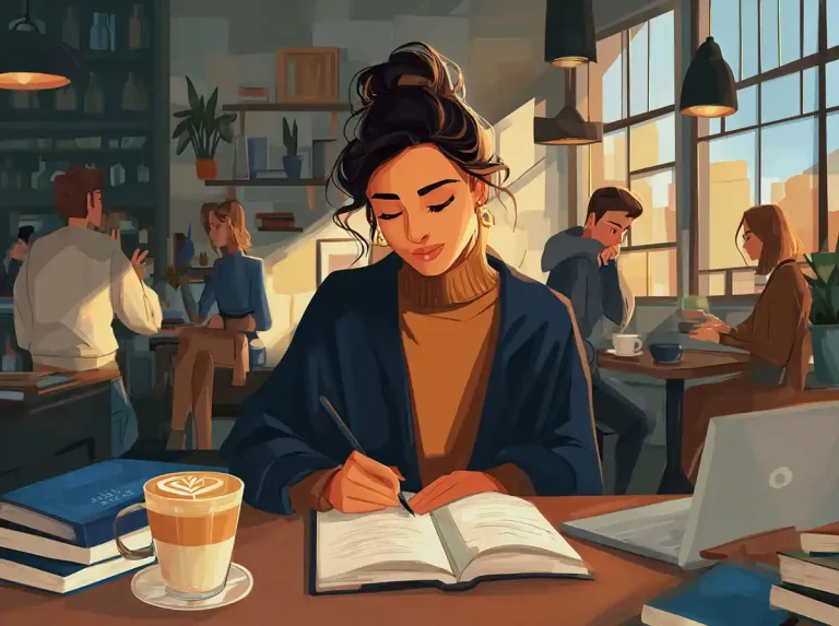 A woman in a turtleneck sweater writes in a journal to learn languages in a cozy cafe.