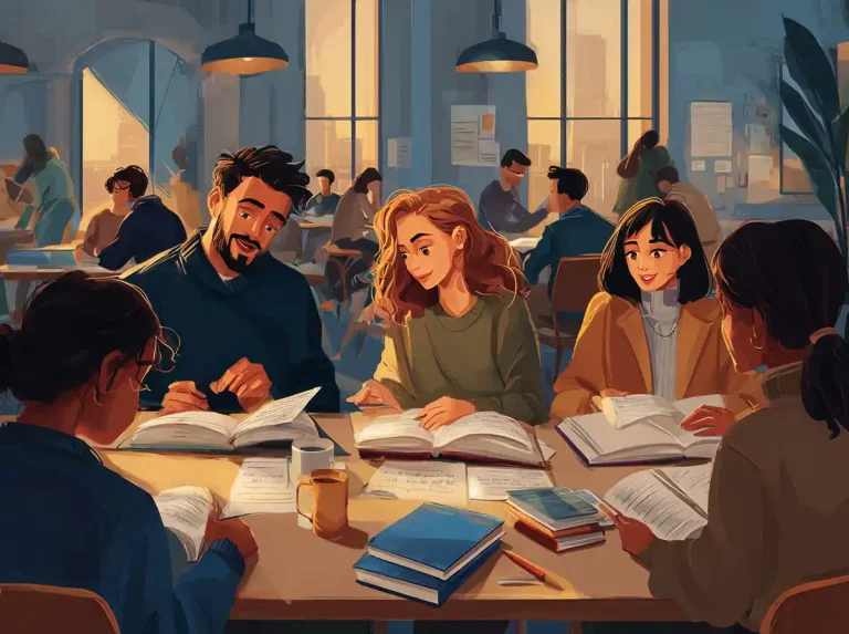 Students study intently under desk lamps while learning languages in a dark library room.