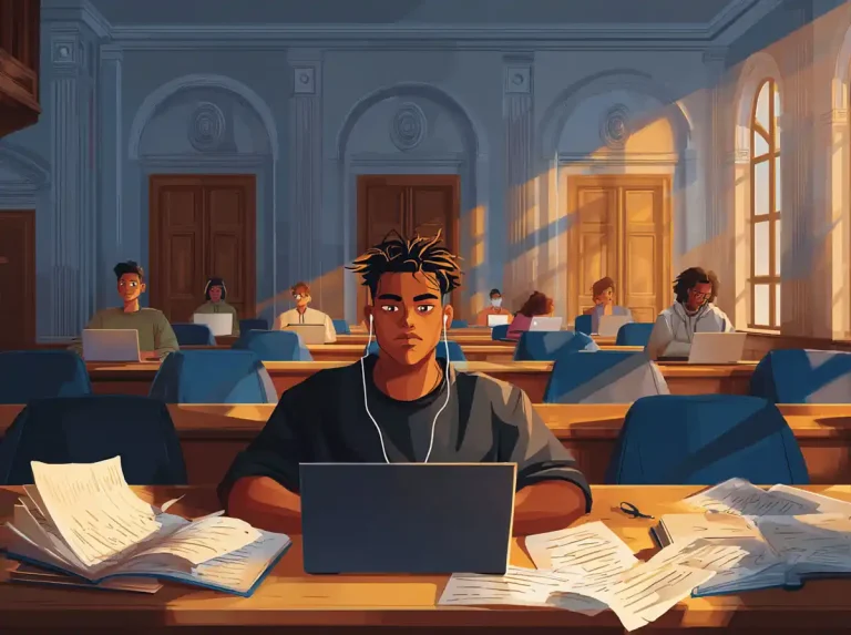 A student wearing headphones focuses on a laptop while learning languages in a large university hall.