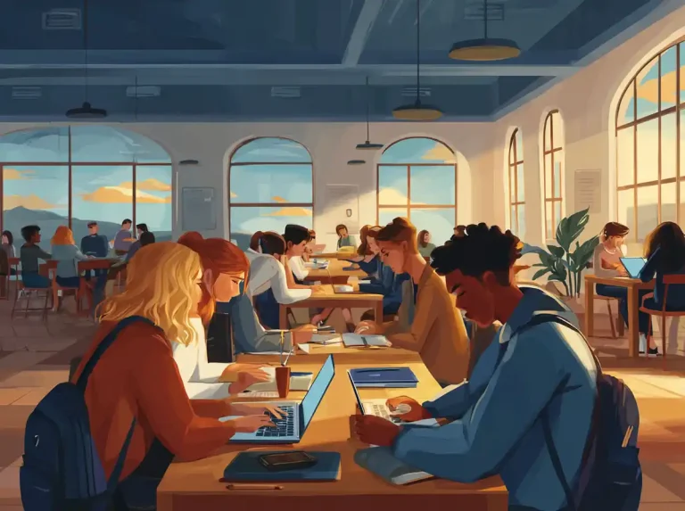 A group of students use laptops while learning languages in a sunlit modern room.