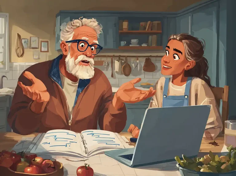 A senior man and a young woman look at a laptop screen together while learning languages at home.