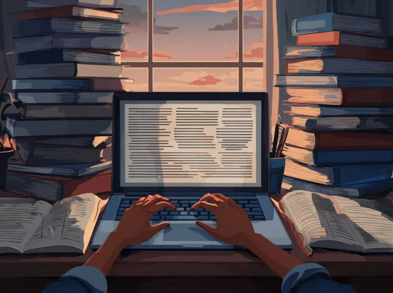 First-person view of hands typing on a laptop to learn languages between two tall stacks of books.