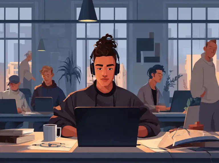 A person wearing headphones uses a laptop for learning languages in a modern coworking space.