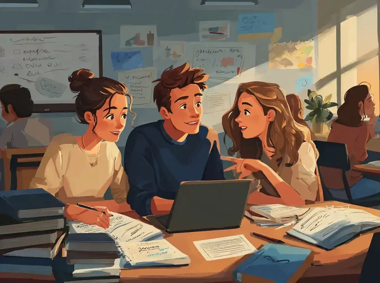 A laptop screen is viewed by a trio of students while learning languages in a modern classroom.