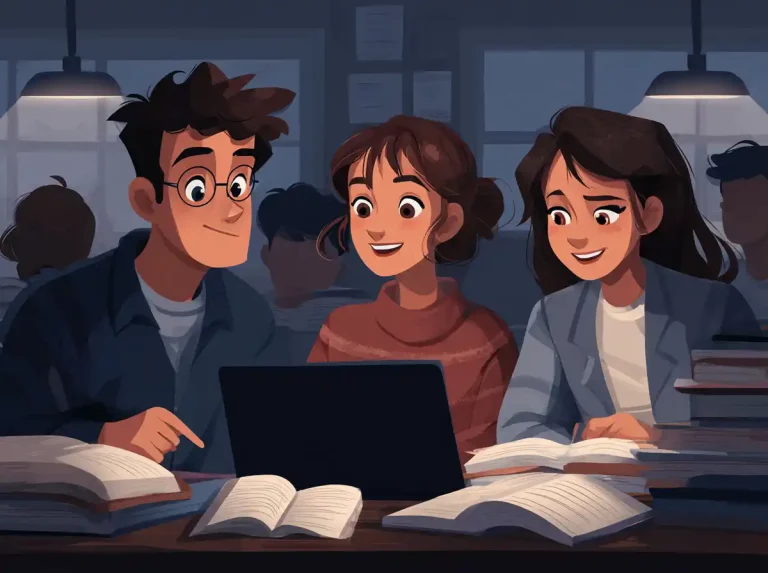 A laptop screen is viewed by three students while learning languages under overhead library lights.