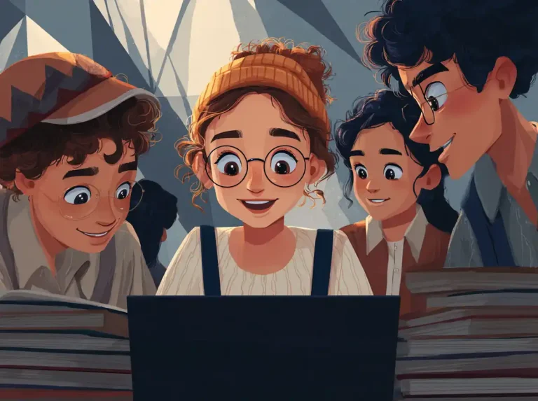 Four excited young students look at a laptop screen together while learning languages.