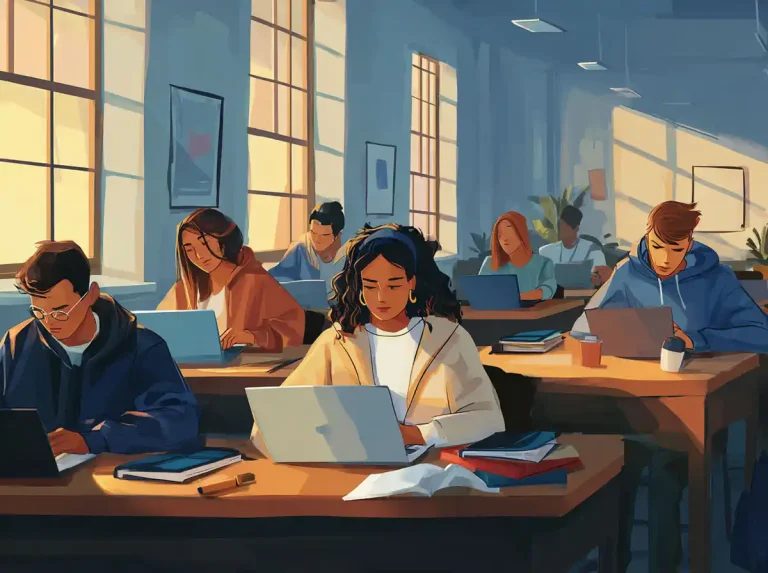 Many students work side by side at laptops in a university library environment for learning languages.