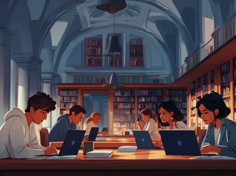 Multiple laptops are utilized by students sitting in a modern library at night for learning languages.