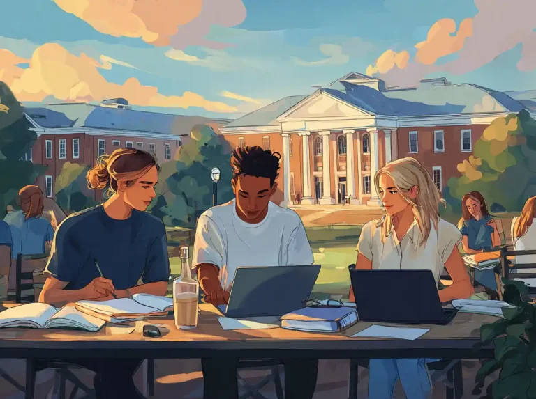 Three students sit at a long wooden table outdoors using laptops while learning languages at sunset.