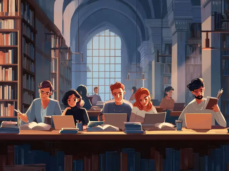 A large study table is shared by people using laptops and books for learning languages in a city office.