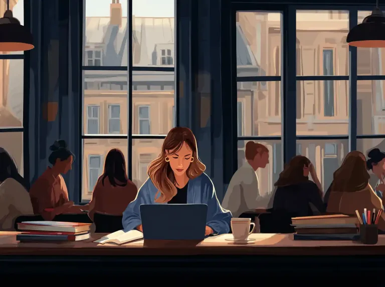 A woman uses a laptop while learning languages at a long table in a busy room.