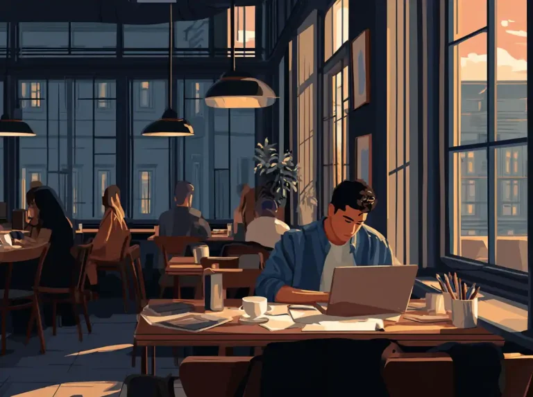 A man sits at a cafe table with his laptop for the purpose of learning languages.