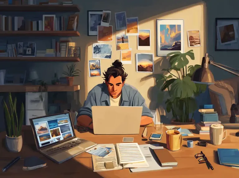 A man sits at a desk filled with plants and papers while learning languages on his laptop.