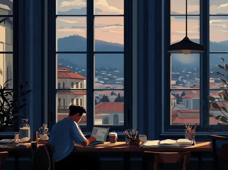 A man works on his laptop to learn languages at a desk by a window with a town view.