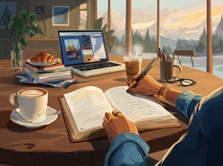 An open book and a cup of coffee sit on a desk used for learning languages by the window.