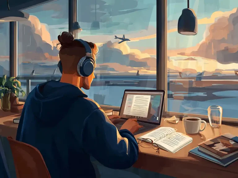 A man uses his laptop to learn languages at a desk with a scenic sunset view.