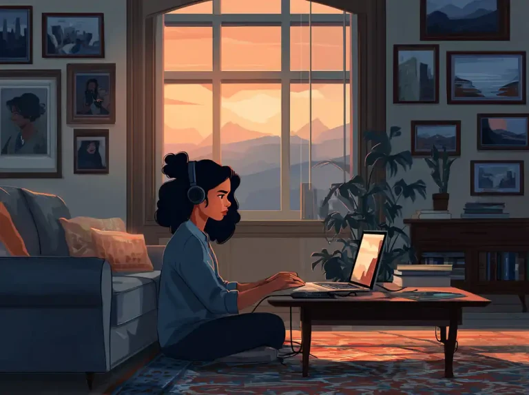 A young woman sits on the floor near a window while learning languages during a beautiful sunset.