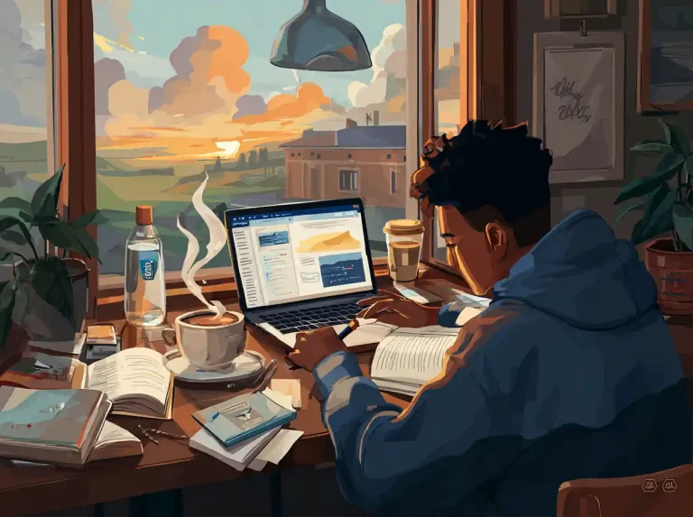 A man in a blue hoodie writes in a book to learn languages at a desk by a window.