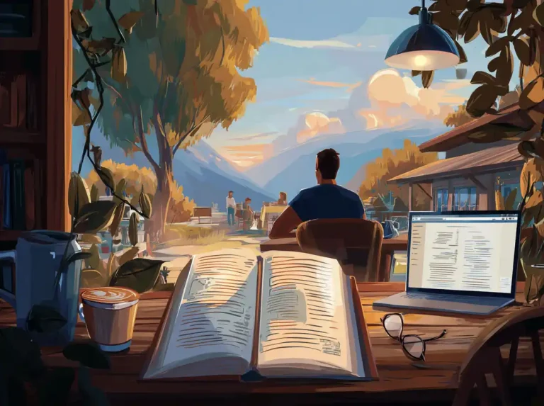 A wooden table with an open book and coffee serves as a space for learning languages.