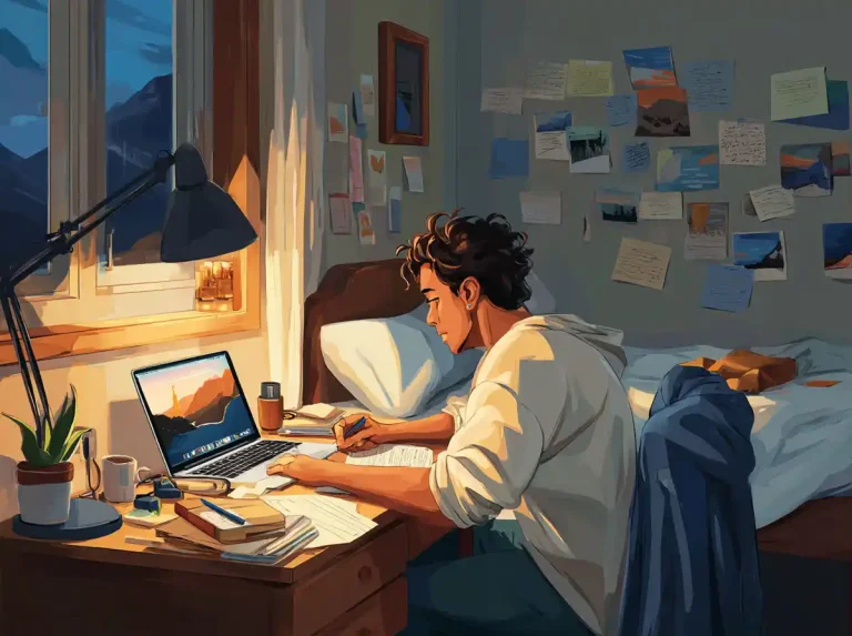 A man works on a laptop to learn languages at a desk by a window overlooking mountains.