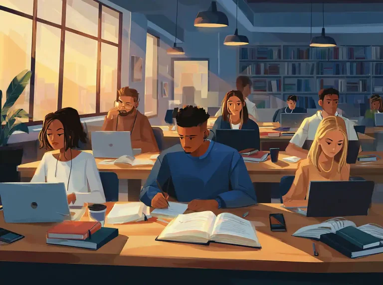 Students sit in a classroom setting using laptops and writing notes for learning languages.