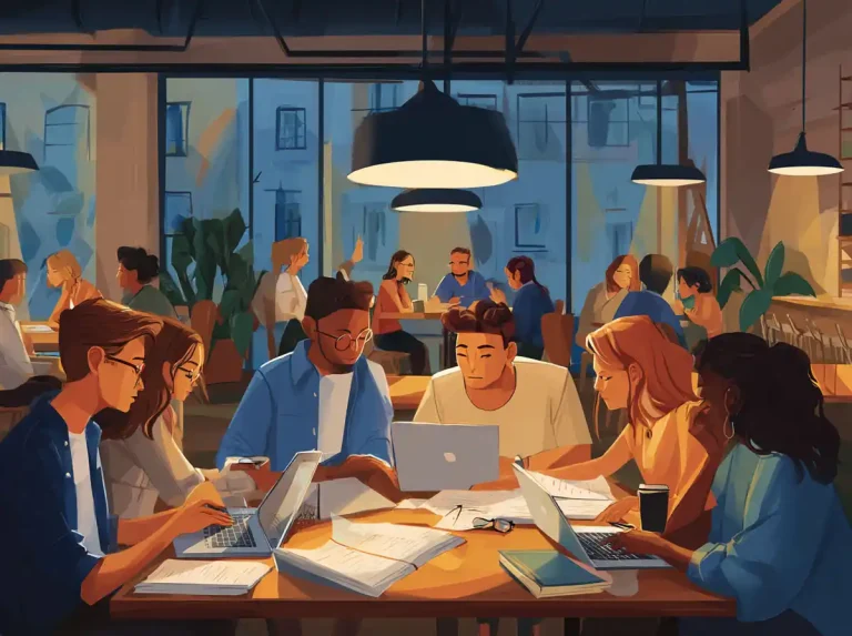 Digital lessons are viewed by people at laptops in a modern office space for learning languages.