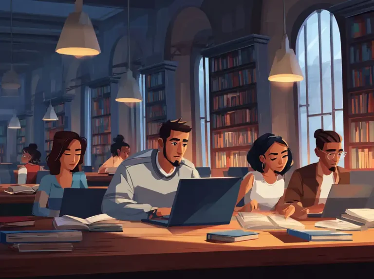 Library books are used by several students sitting at shared desks for learning languages at night.