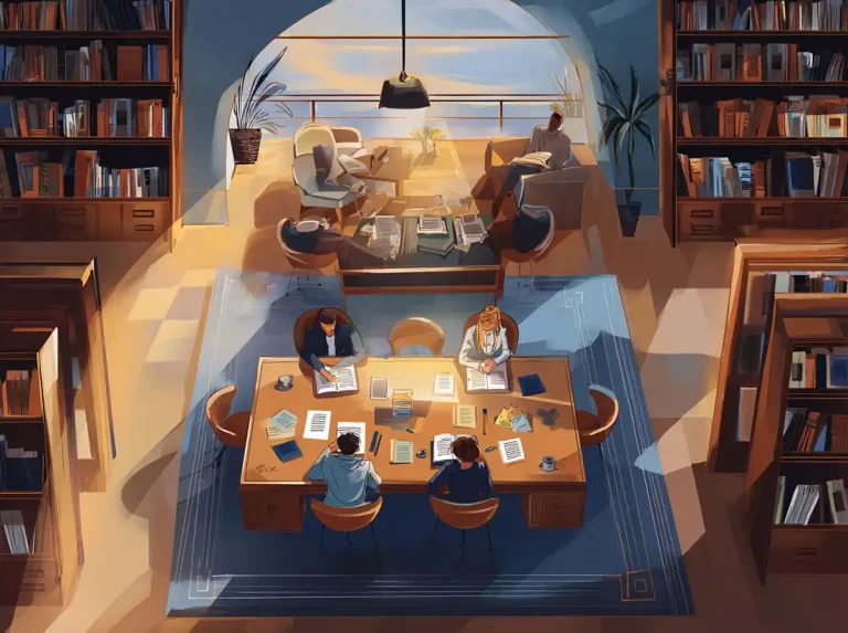 Students sit at large shared tables with books and laptops while focused on learning languages.