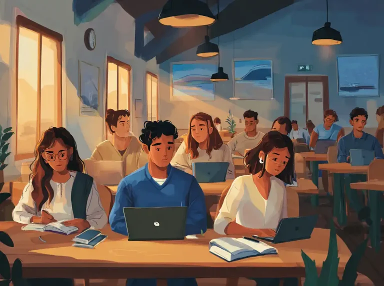 Students sit at small tables in a cozy library while learning languages.