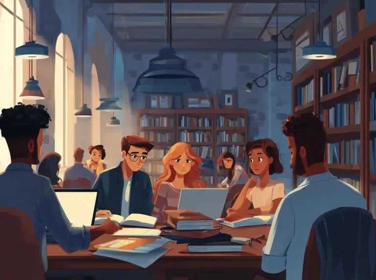 A group of people sit at shared library desks to learn languages under warm pendant lighting.