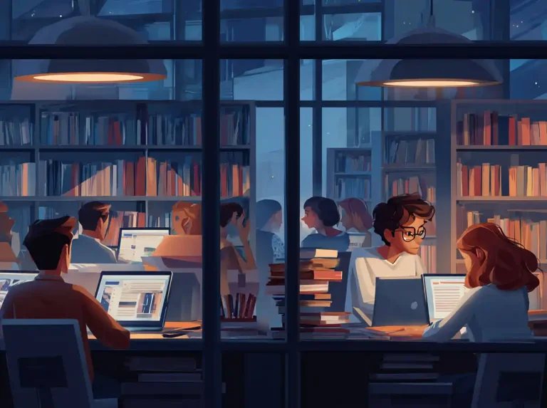 Students are seen through a window working on computers while learning languages at night in a library.