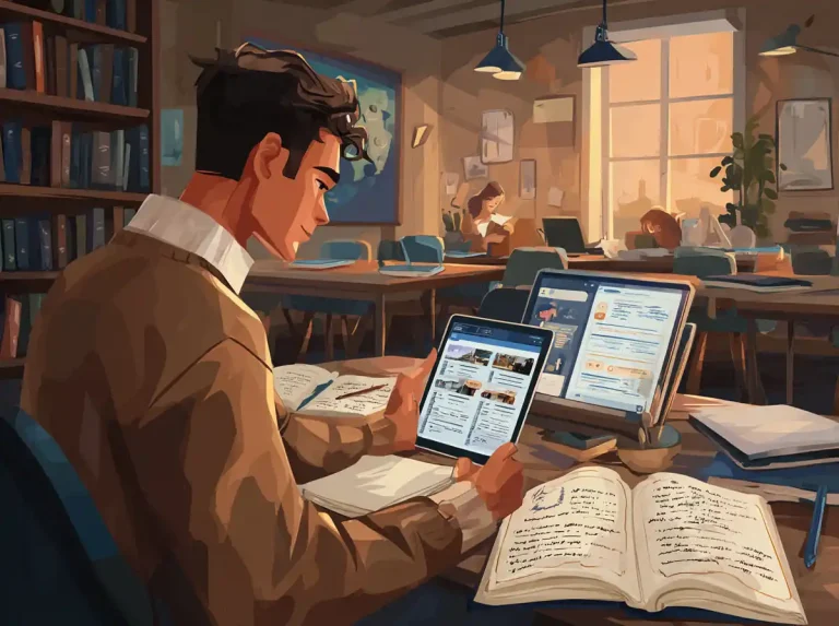 A man in a brown sweater uses a tablet and books for learning languages in a quiet library setting.