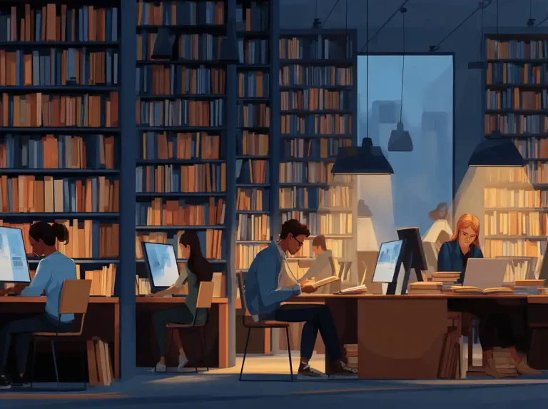 Students study under warm library lamps at night while learning languages with books and laptops.