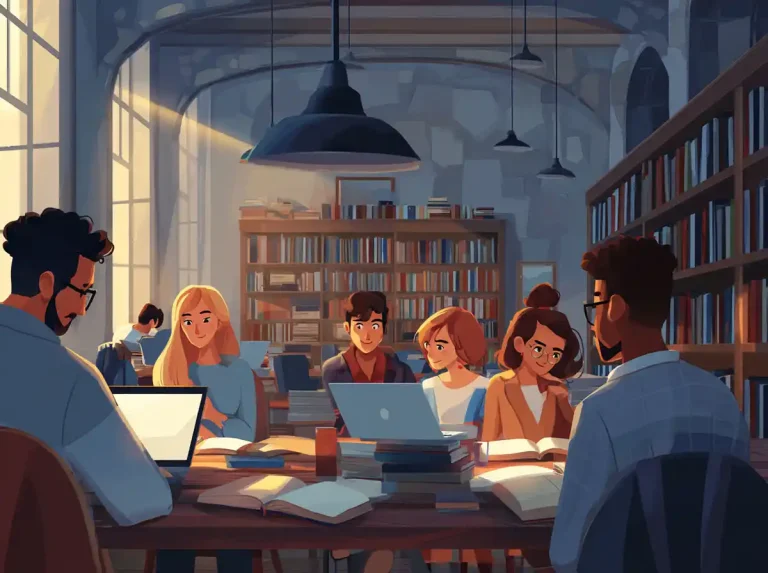 Several students sit at a library table and use laptops while learning languages in an arched building.