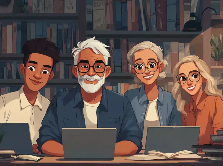 Four people sit at a table with laptops while learning languages in a dimly lit library.