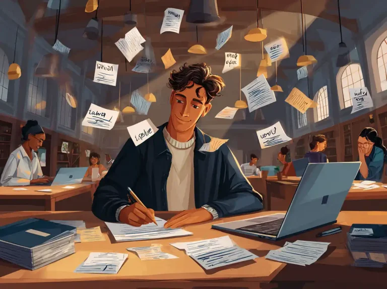 A man writes at a desk while papers fly through the air in a library while he is learning languages.