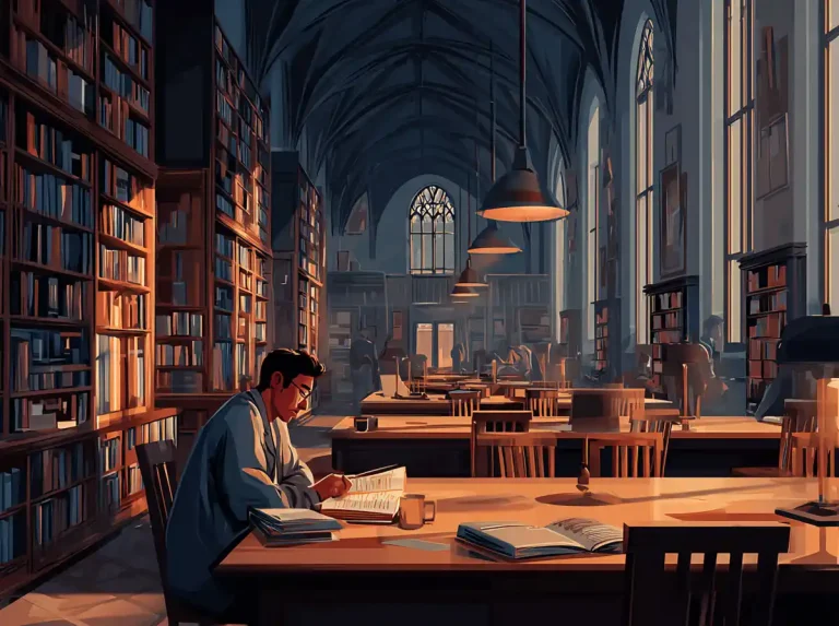 A man sits at a long wooden table in a cathedral-style library while learning languages.