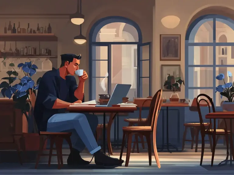 A man drinks from a cup while learning languages at a cafe table with his laptop open.