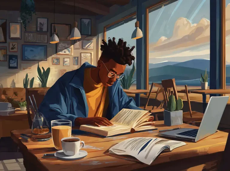 A man with short dreads reads a textbook to learn languages at a cafe window.