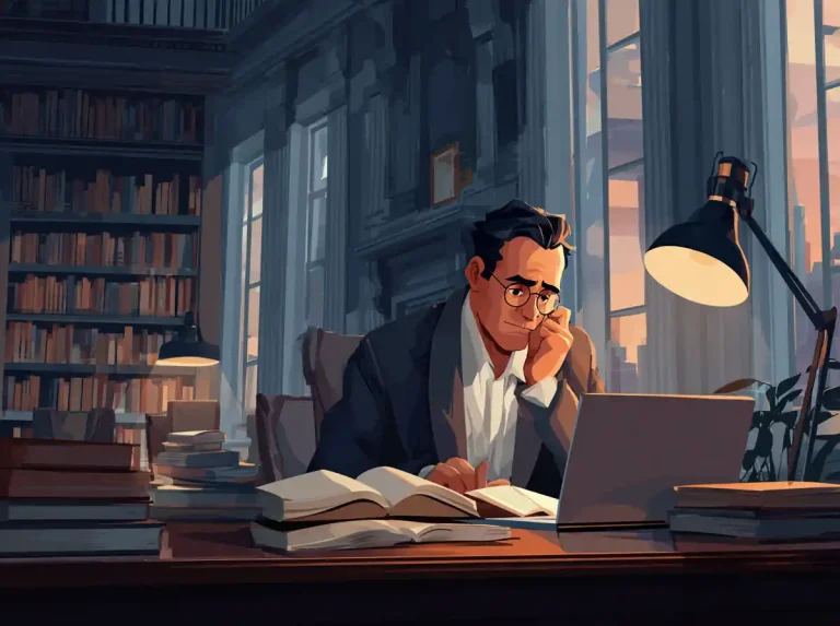 A man in a suit and glasses looks at a laptop screen in a dark library while learning languages.