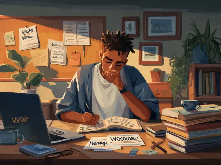 A man with short dreads sits at a warm home desk and takes notes while learning languages.