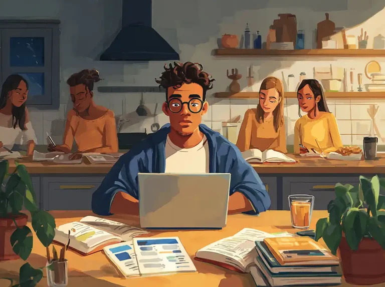 A man with glasses works on his laptop to learn languages while sitting in a bright kitchen.