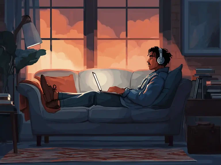 A man lies on a comfortable sofa while learning languages with his laptop at night.